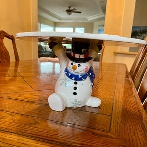 Fitz and Floyd Snowman Cake Stand with Black Hat and Blue Scarf